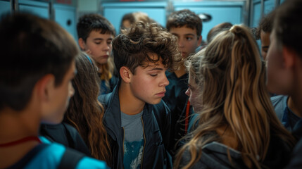 Fototapeta premium a group of high school target cyberbullying students in a locker room