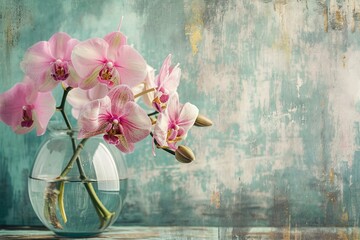 Orchids in a glass vase with a vintage rustic texture in the background