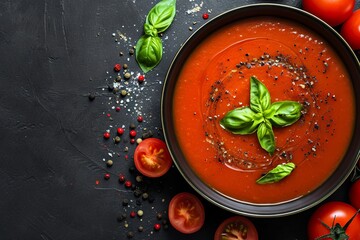 Basil topped tomato soup in a bowl Dark background Close up Top view