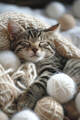 Adorable striped cat sleeping amidst woolen balls