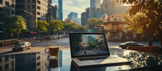 Laptop with blank screen and glass of coffee on the table. city background with blurred view