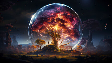 Earth Day Concept: cinematic shot of a biosphere in a bubble with vivid aura and an impressive tree of life inside floating in space. Generative AI - obrazy, fototapety, plakaty