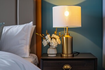 Brass lamp on bedside table in interior decor