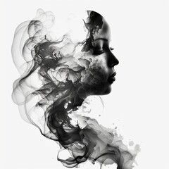Abstract double exposure portrait of young woman face and cigarette smoke. Woman face silhouette from smoke. Smoke face on white background. Double exposure woman face and smoke