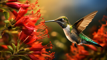 Flower-Flying Avian: a Close-up of a Hummingbird in Mid-Air Motion with Spread Wings. Generative AI