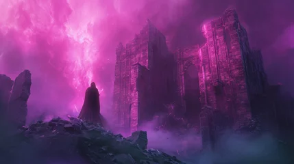 Gardinen Mystical figure in cloak facing ancient castle under violet sky. Fantasy and imagination. © Postproduction