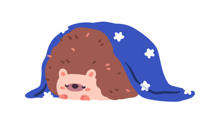 Cute hedgehog sleeping. Funny kawaii animal asleep, dreaming, slumbering, covered with blanket. Baby character relaxing, drowsing, napping. Flat vector illustration isolated on white background