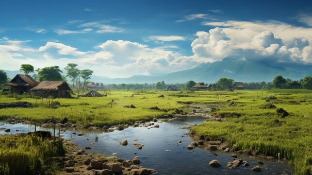 Serene Village Landscape with Green Fields and Rural Homes Under a Clear Blue Sky. Generative AI
