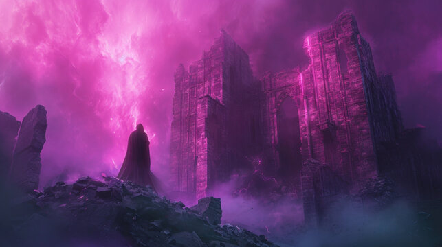 Mystical figure in cloak facing ancient castle under violet sky. Fantasy and imagination.