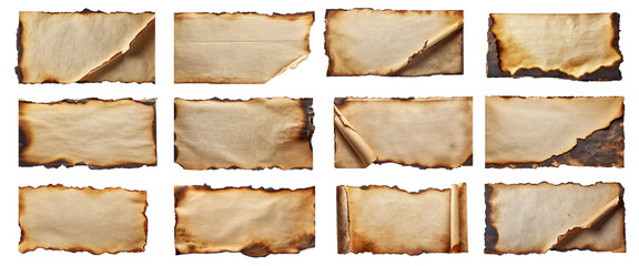 Collection of brown paper sheets with burnt edges, with copy space, isolated on transparent background. 