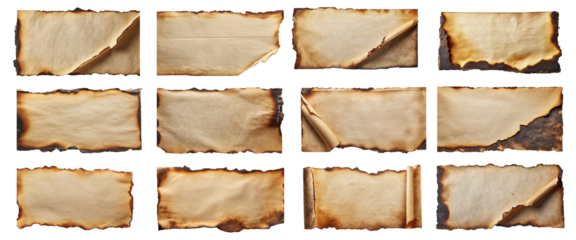 Collection of brown paper sheets with burnt edges, with copy space, isolated on transparent background. 