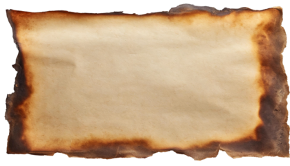 Brown paper sheet with burnt edges, with copy space, isolated on transparent background. 