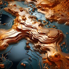 Liquid copper forming a metallic river on a solid, ancient treasure map