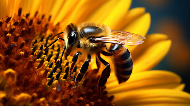 Bee in Flight Amongst Blooming Flowers. Generative AI