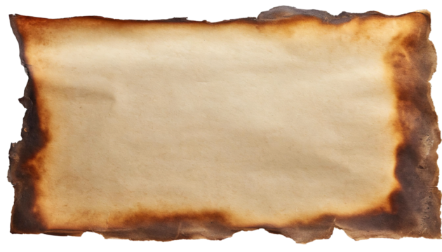 Brown paper sheet with burnt edges, with copy space, isolated on transparent background. 