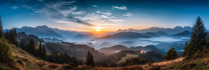 sunrise over the alps with a cloud cover, in the style of graflex speed graphic, panorama