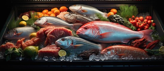 Refrigerator display of fresh fish in supermarket