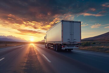 Cargo truck driving at sunset through landscape