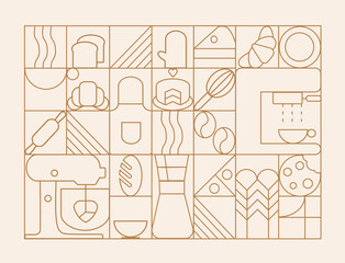Hand drawn illustration of Bakery and Coffee. Icons. Bread, bakery products,  dish, food processor, wheat. Abstract geometric line background. Gold luxury