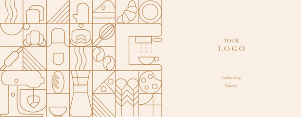 Web banner. Hand drawn illustration of Bakery and Coffee. Icons. Bread, bakery products,  dish, food processor, wheat. Abstract geometric line background. Gold luxury