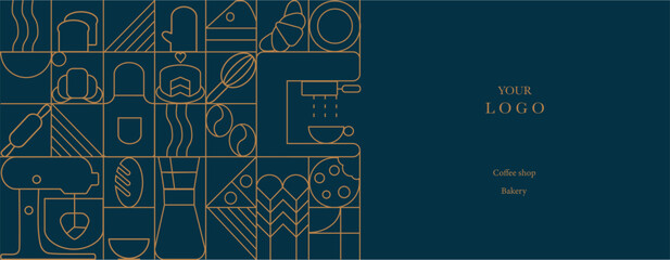 Web banner. Hand drawn illustration of Bakery and Coffee. Icons. Bread, bakery products, dish, food processor, wheat. Abstract geometric line background. Gold luxury