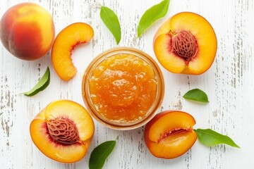 Naklejka premium Top view of peach jam jar on white wood background