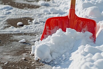 Snow shovel in a snowy bank on the pavement