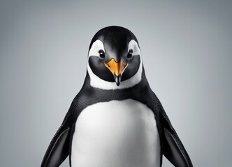 Penguin isolated on gray background, front view. Close-up.