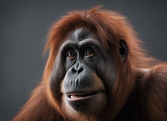 Portrait of a female orangutan on a gray background.