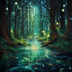 Liquid emerald weaving through a solid, enchanted forest floor with magical glows