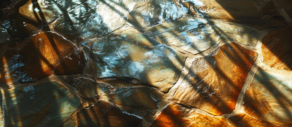 Poster comparing light patterns through glass and water, creating reflections and shadows on a stone surfac