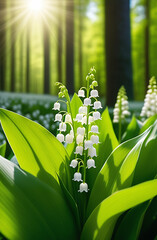 The sun's rays fall on a beautiful spring blooming flower. Lily. The natural background of nature with beautiful blooming lily of the valley flowers. Vertical photography. Made by artificial intellige - obrazy, fototapety, plakaty