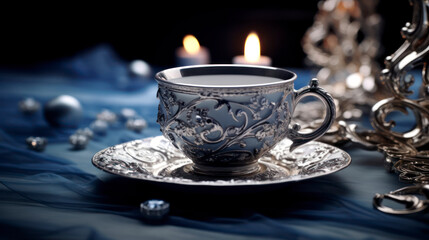 Obraz na płótnie Canvas A porcelain cup with soutache style motives and silver ornaments. Generative AI