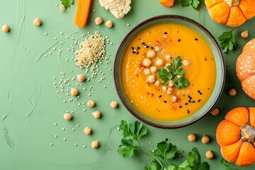 Vegetarian pumpkin and carrot soup with chickpeas and quinoa on a green background made with organic ingredients