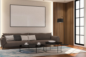 Contemporary modern  living room with frame mock up on the wall. Design 3d rendering of  brown wood veneer images. Design print for illustration, presentation, mock up, interior, background. Set 4