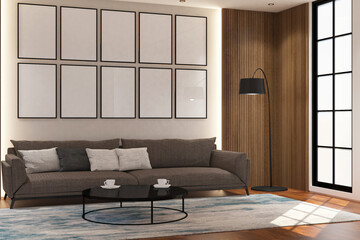 Contemporary modern  living room with frame mock up on the wall. Design 3d rendering of  brown wood veneer images. Design print for illustration, presentation, mock up, interior, background. Set 7