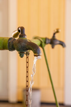 Water taps with running fresh spring water