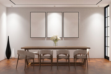 Contemporary modern dining room with frame mock up on the wall. Design 3d rendering of  brown wood veneer images. Design print for illustration, presentation, mock up, interior, background. Set 13