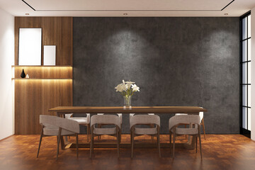 Contemporary modern dining room with frame mock up on the wall. Design 3d rendering of  brown wood veneer images. Design print for illustration, presentation, mock up, interior, background. Set 15