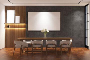 Contemporary modern  dining room with frame mock up on the wall. Design 3d rendering of  brown wood veneer images. Design print for illustration, presentation, mock up, interior, background. Set 16