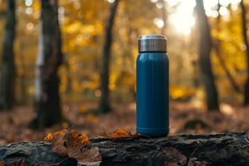 Fototapeta premium Hiking and camping flask with a blue thermos on a forest log