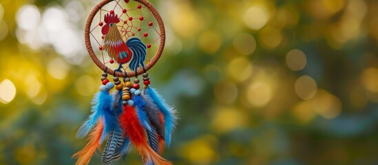 A macro photograph of an electric blue dream catcher, a happy and colorful fashion accessory, hanging from a tree in a natural landscape.