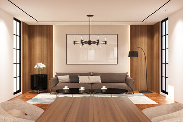 Contemporary modern  living room with frame mock up on the wall. Design 3d rendering of  brown wood veneer images. Design print for illustration, presentation, mock up, interior, background. Set 23