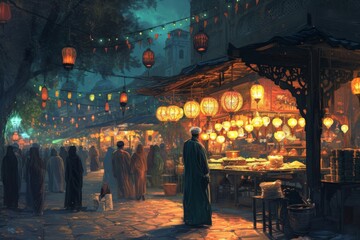 bustling night market under the starry sky, with people exploring various stalls