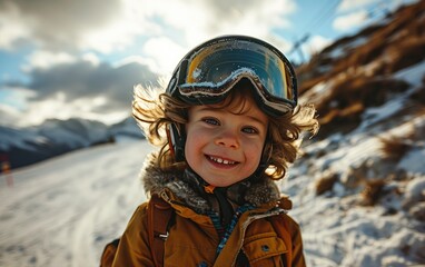 boy skier with Ski goggles and Ski helmet on the snow mountain