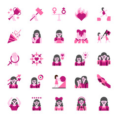Womens Day Flat Icon Set. Vector Illustration impact, voice, ambition, courage, diversity, equality, opportunity, progress, leadership, strength, quality, innovation, inspiration, solidarity