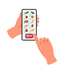 Online food shopping through an app on your phone. Phone in hands, groceries on the screen, buy button. Technology concept. Online shopping.