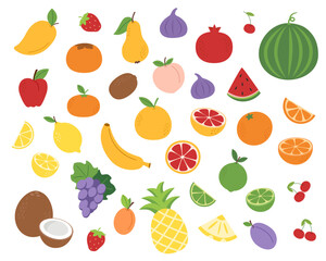 Big set of fruit in flat style isolated on white background.