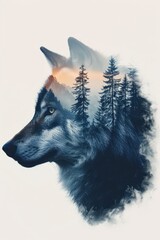 Double exposure of wolf with mountains in the background