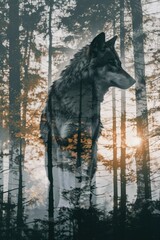 Double exposure of wolf with mountains in the background